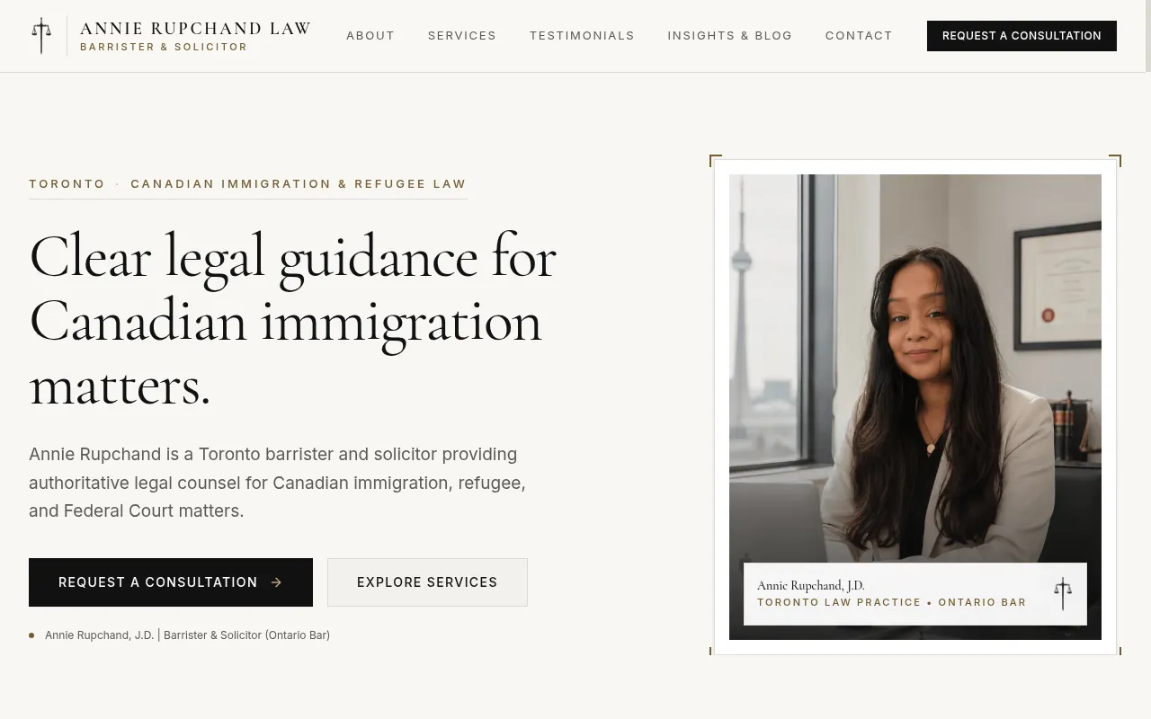 Preview of the Canadian immigration law practice website built for Annie Rupchand Law Corporation