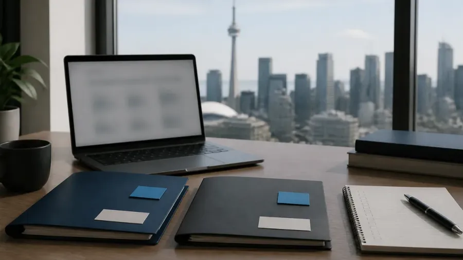 Marketing evaluation folders and checklist on a desk with the Toronto skyline beyond the window