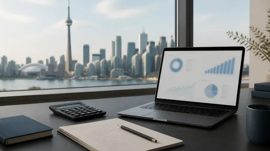 Marketing measurement notebook, calculator and softly blurred charts with the Toronto skyline