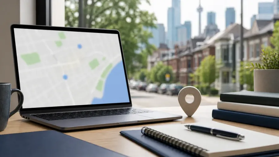 Local search planning workspace with a neutral location marker and Toronto neighborhood view