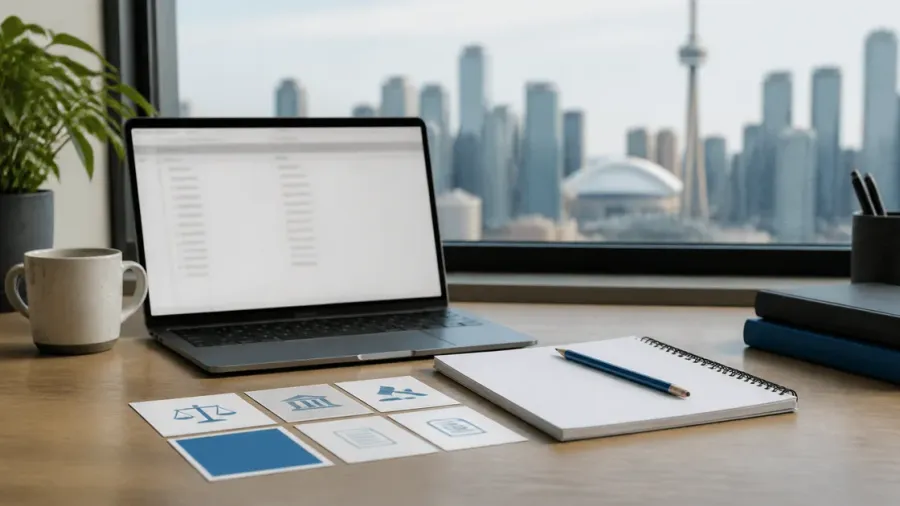 SEO research cards, notebook and laptop on a desk with the Toronto skyline beyond the window