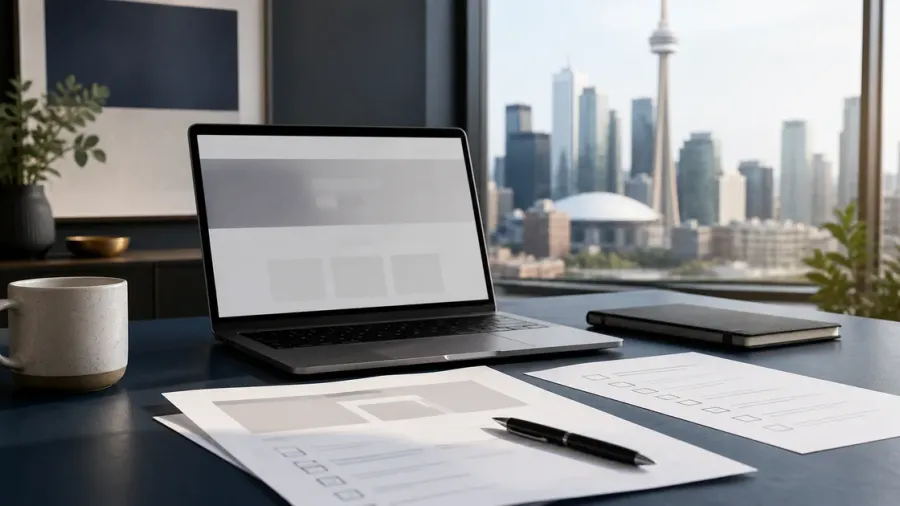 Checklist de revisão e laptop em uma mesa de escritório com o horizonte de Toronto ao fundo