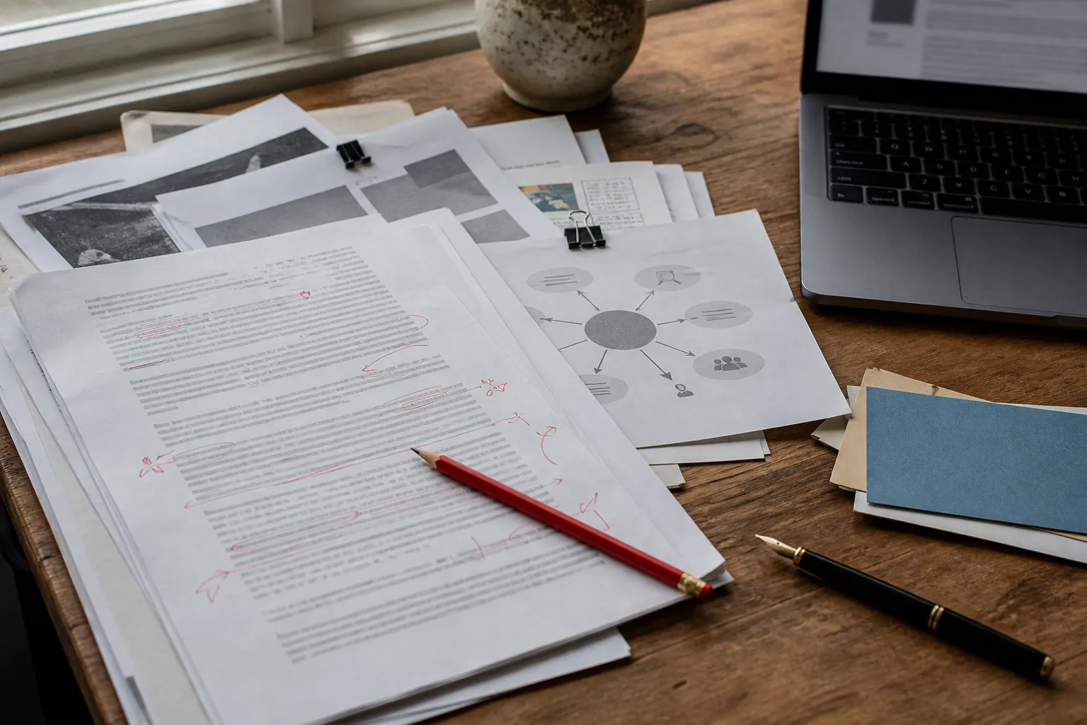 Edited content draft, research pages and a search-intent diagram arranged on a working table