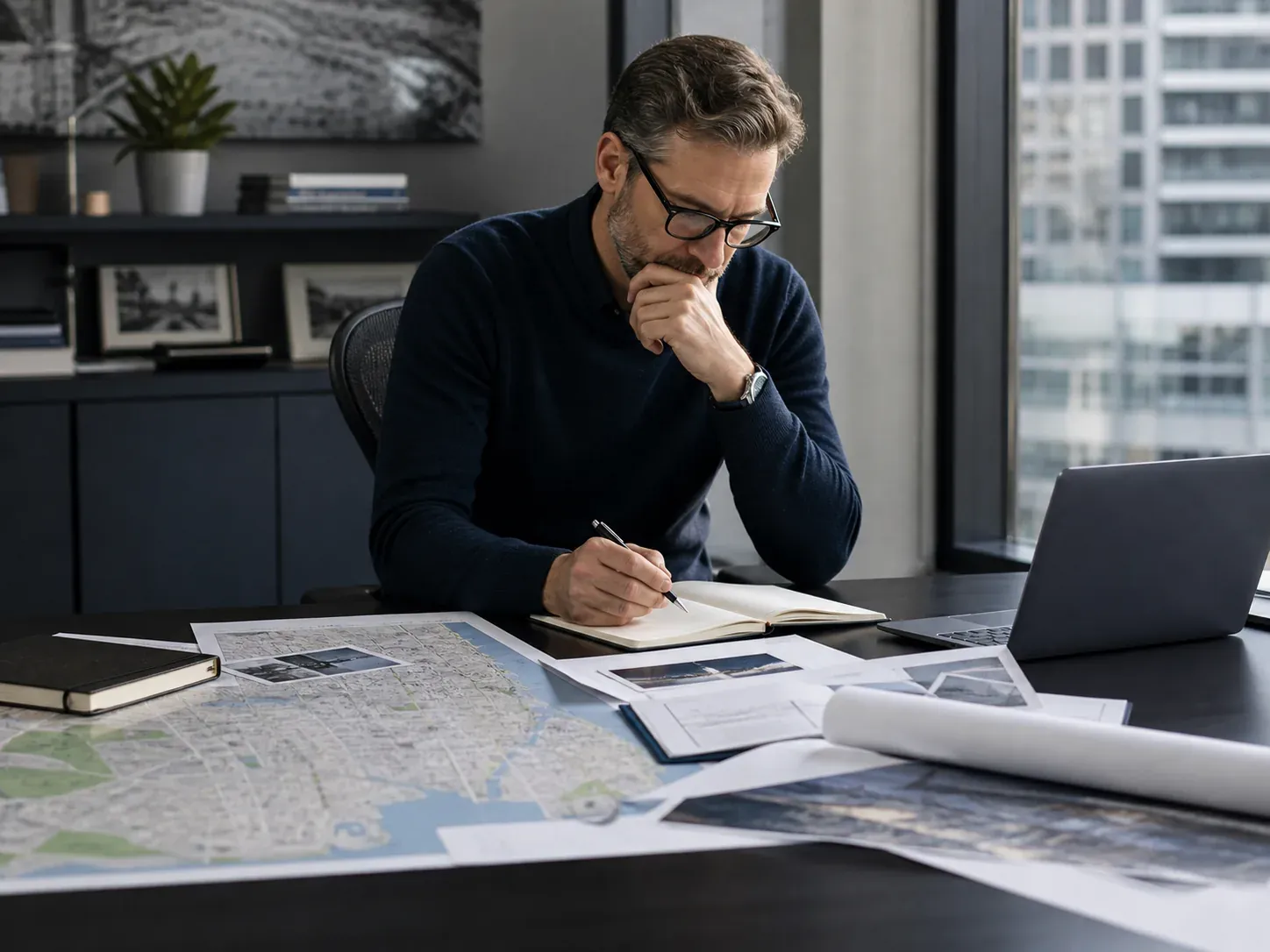 Professional reviewing research notes, maps and reference materials at a workspace