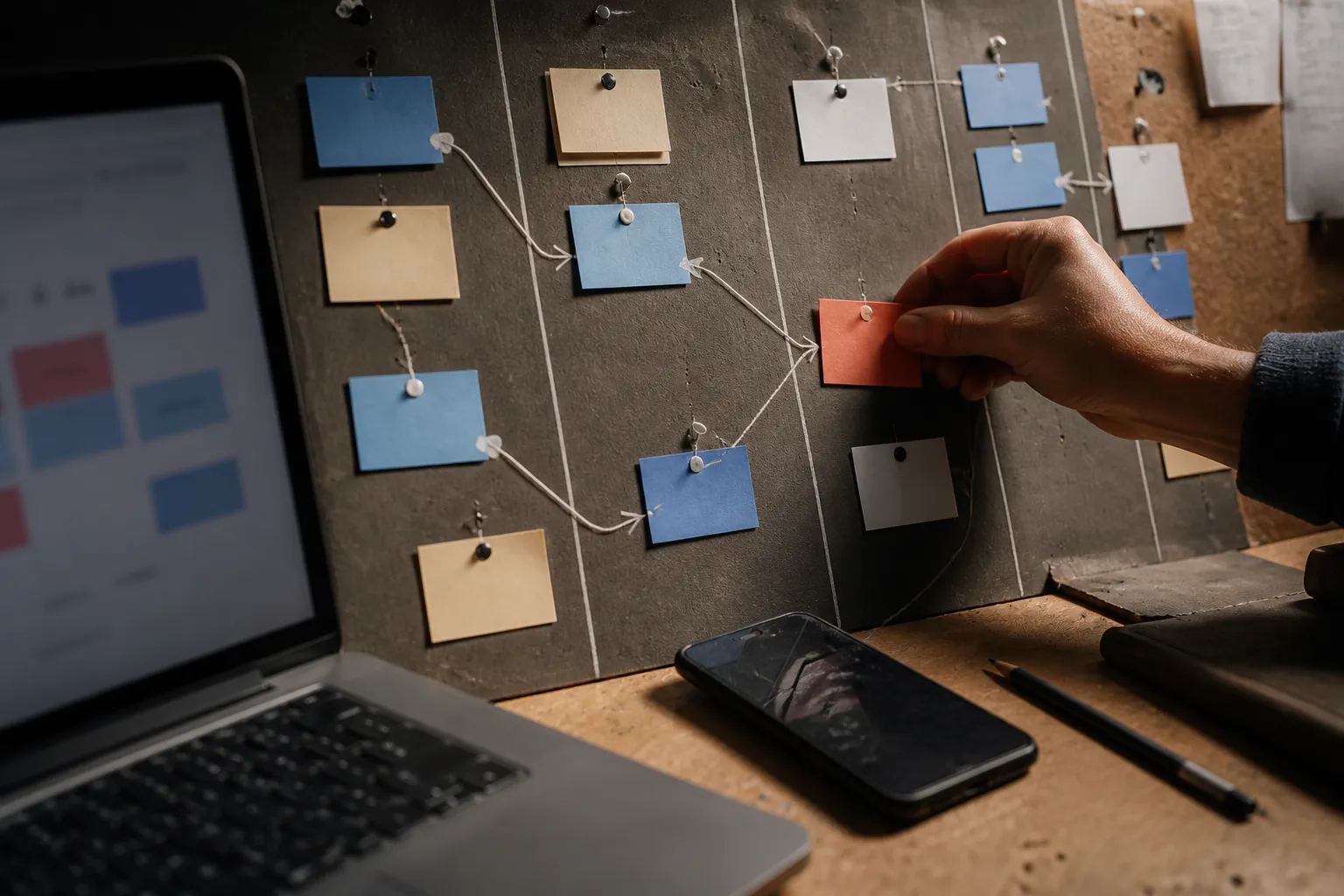 Workflow board with connected cards and a hand moving work into a new stage