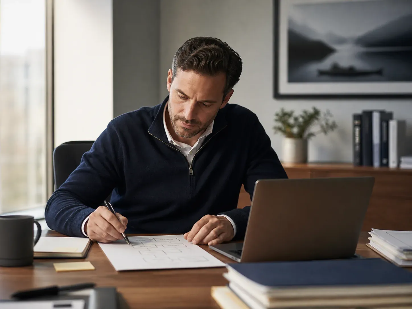 Professional reviewing a workflow on paper beside a laptop in an operations workspace