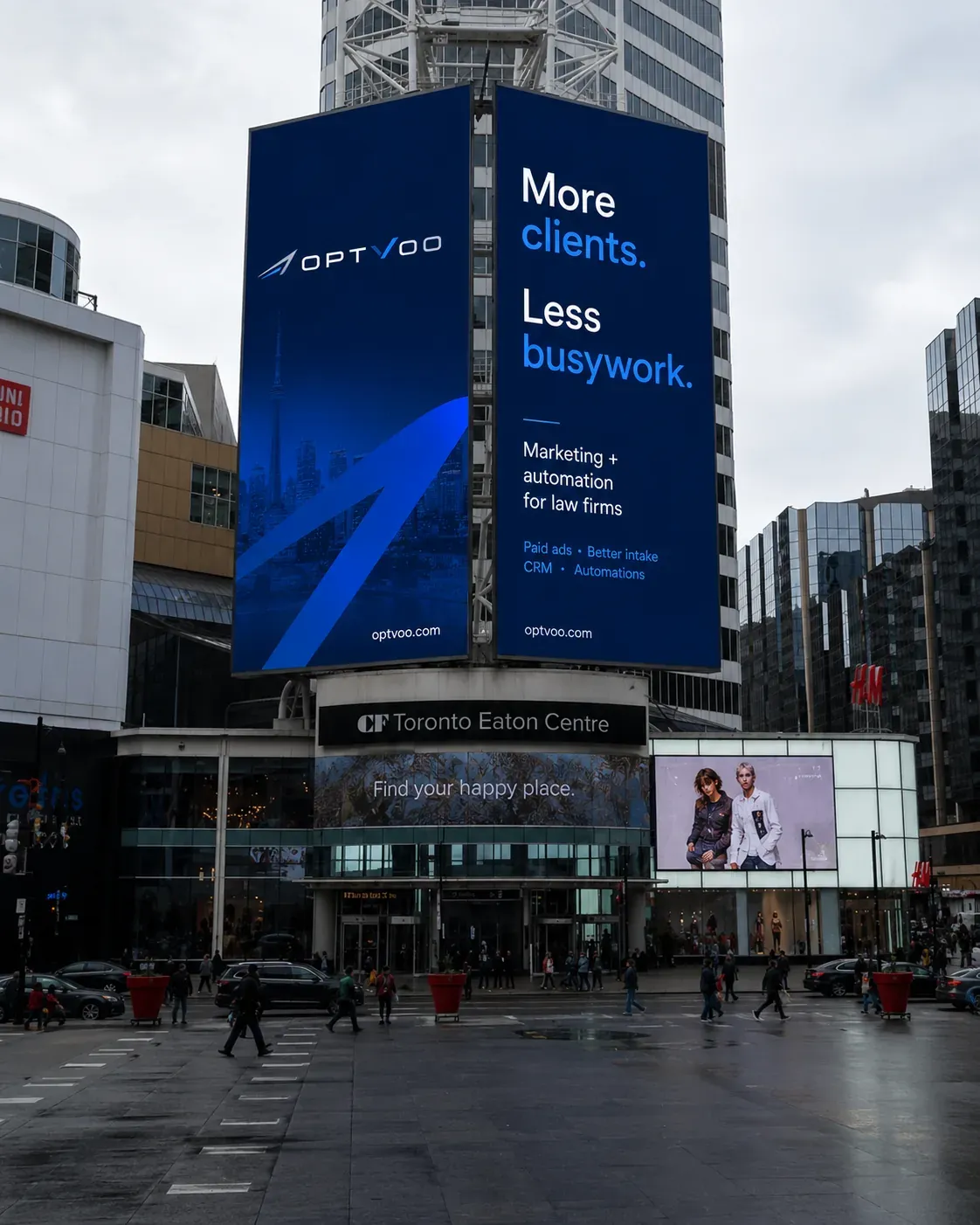 Optvoo campaign concept shown on a digital billboard at Toronto Eaton Centre