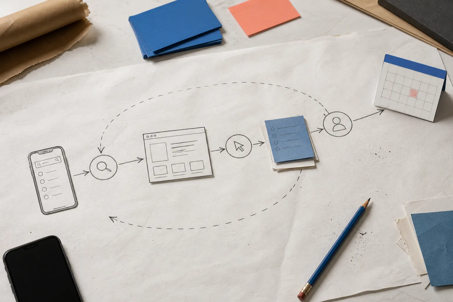 Editorial working map showing connected discovery, landing page, intake and consultation touchpoints