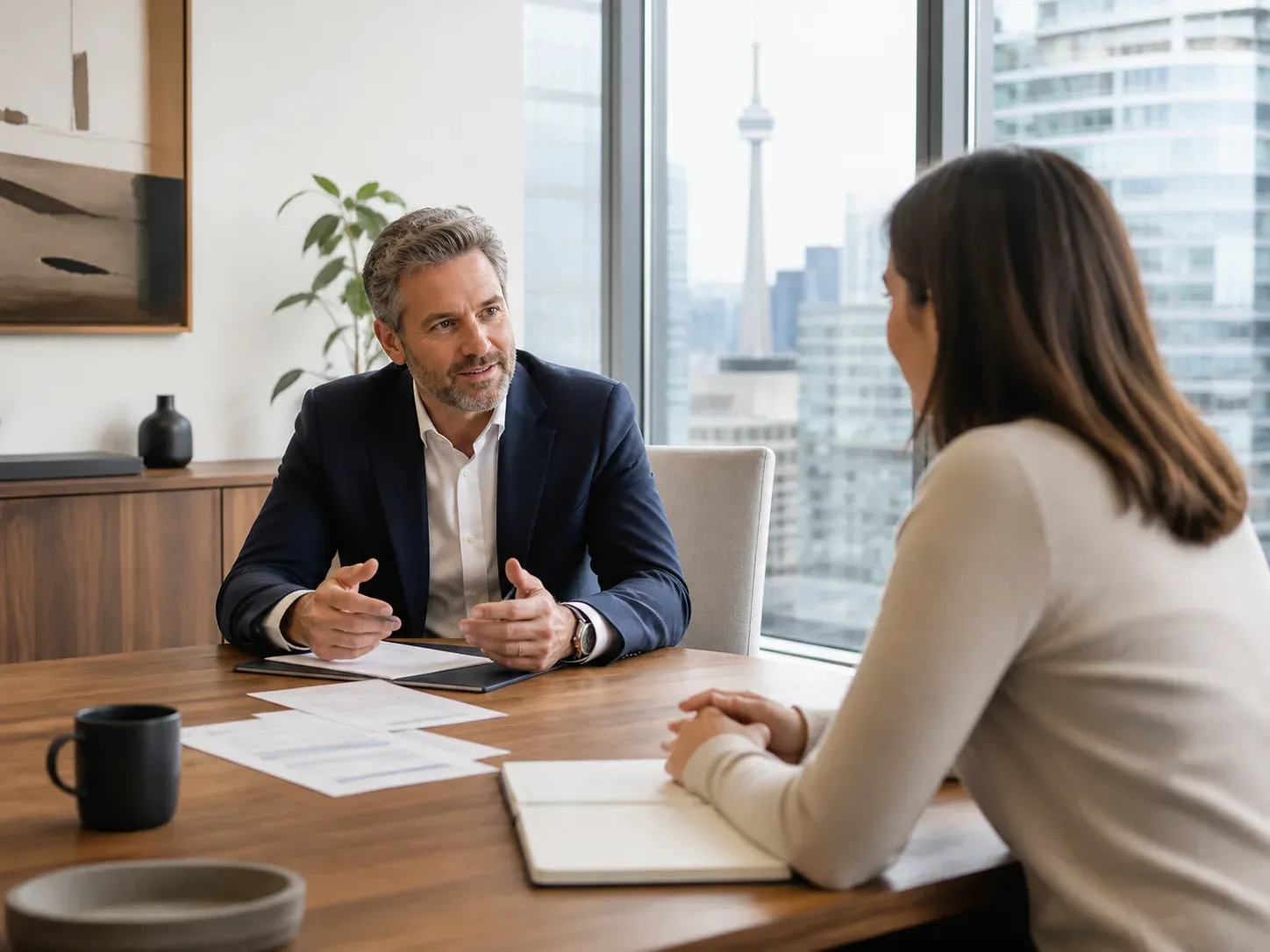 Professional and client discussing documents during a consultation