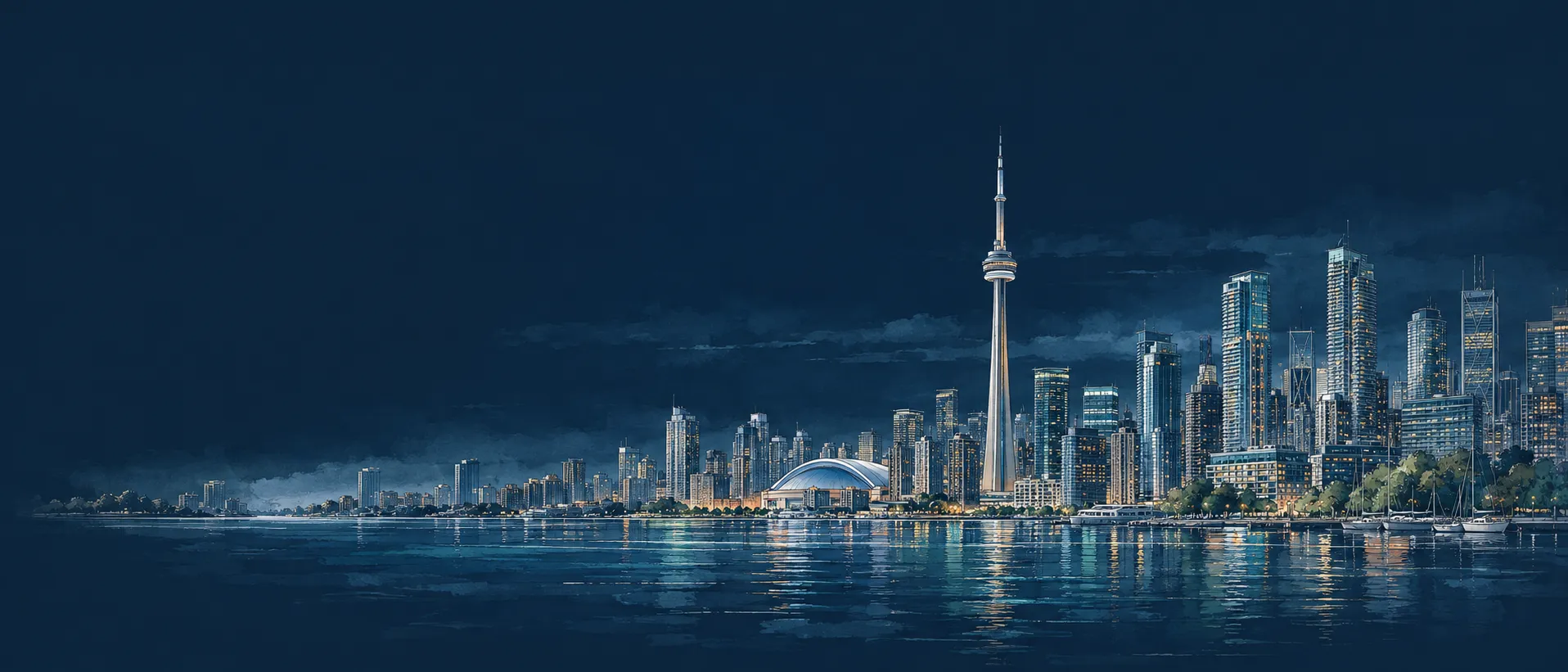 Architectural night illustration of the Toronto skyline and Lake Ontario waterfront